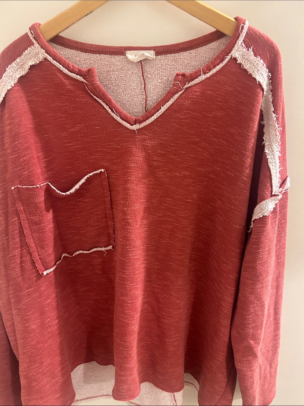 Fantastic Fawn Distressed Red Pullover Sweatshirt with Contrast Trim